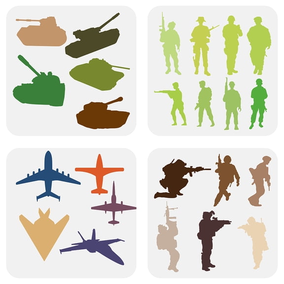 4PCS Army Soldiers Tanks Bombers Stencil - 7.87x7.87 inches Soldier Troops Stencil for Painting on Wood Wall Fabric Canvas Furniture