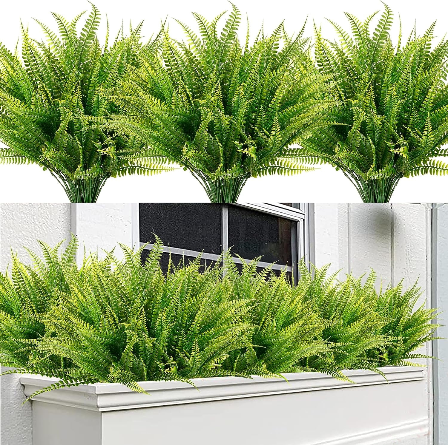 4PCS Artificial Boston Fern Fall Plant Fake Bushes Shrubs Outdoor Greenery UV Resistant Plants Faux Plastic Plants for Home Garden Indoor Fall Thanksgiving Autumn Decor (Green)