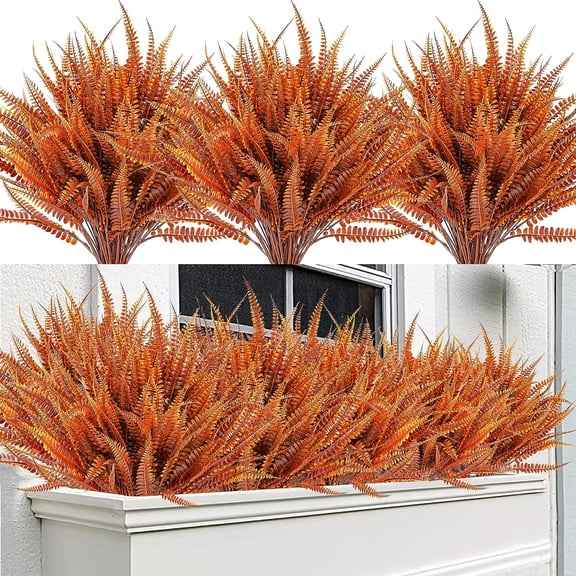4PCS Artificial Boston Fern Fall Plant Fake Bushes Shrubs Outdoor Greenery UV Resistant Plants Faux Plastic Plants for Home Garden Indoor Fall Thanksgiving Autumn Decor (Brown)