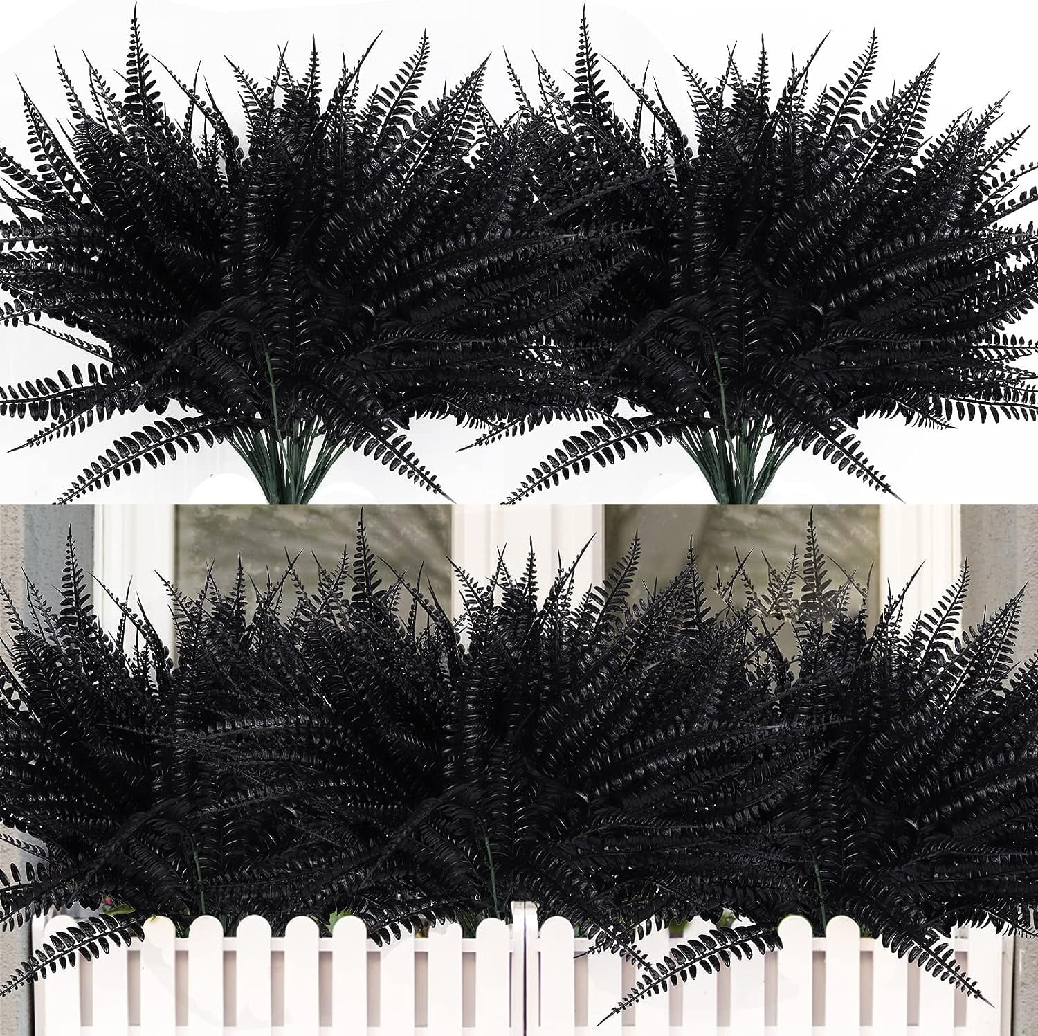 Asisol 4Pcs Artificial Boston Fern Plants Outdoor UV Resistant Artificial Shrubs Greenery Fake Leaves Plants Bushes Office Porch Garden Outdoor Decor (Black)