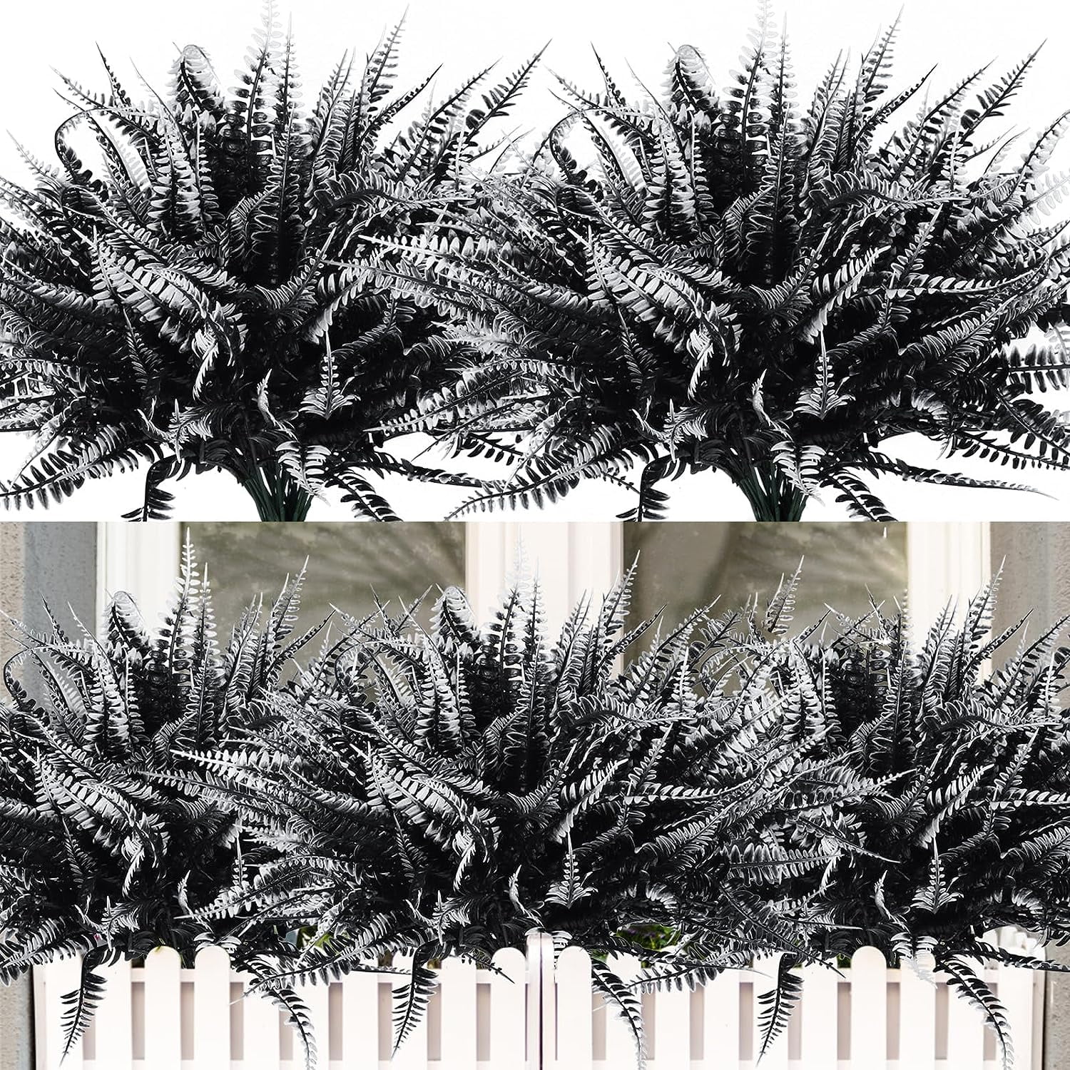 4PCS Artificial Boston Fern Fall Plant Fake Bushes Shrubs Outdoor Greenery UV Resistant Plants Faux Plastic Plants for Home Garden Indoor Fall Thanksgiving Autumn Decor (Black White)