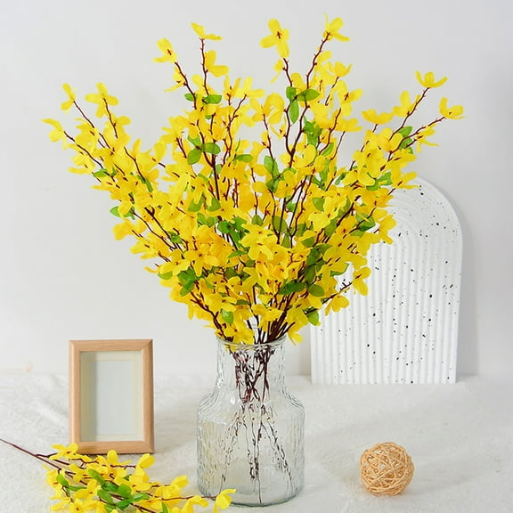 4PCS Artificial Flowers Forsythia Branches Yellow Silk Fake Winter Jasmine, Long Stem Faux Forsythia Stems Flowers Floral Arrangement for Home Wedding Vase Party Cemetery Decor