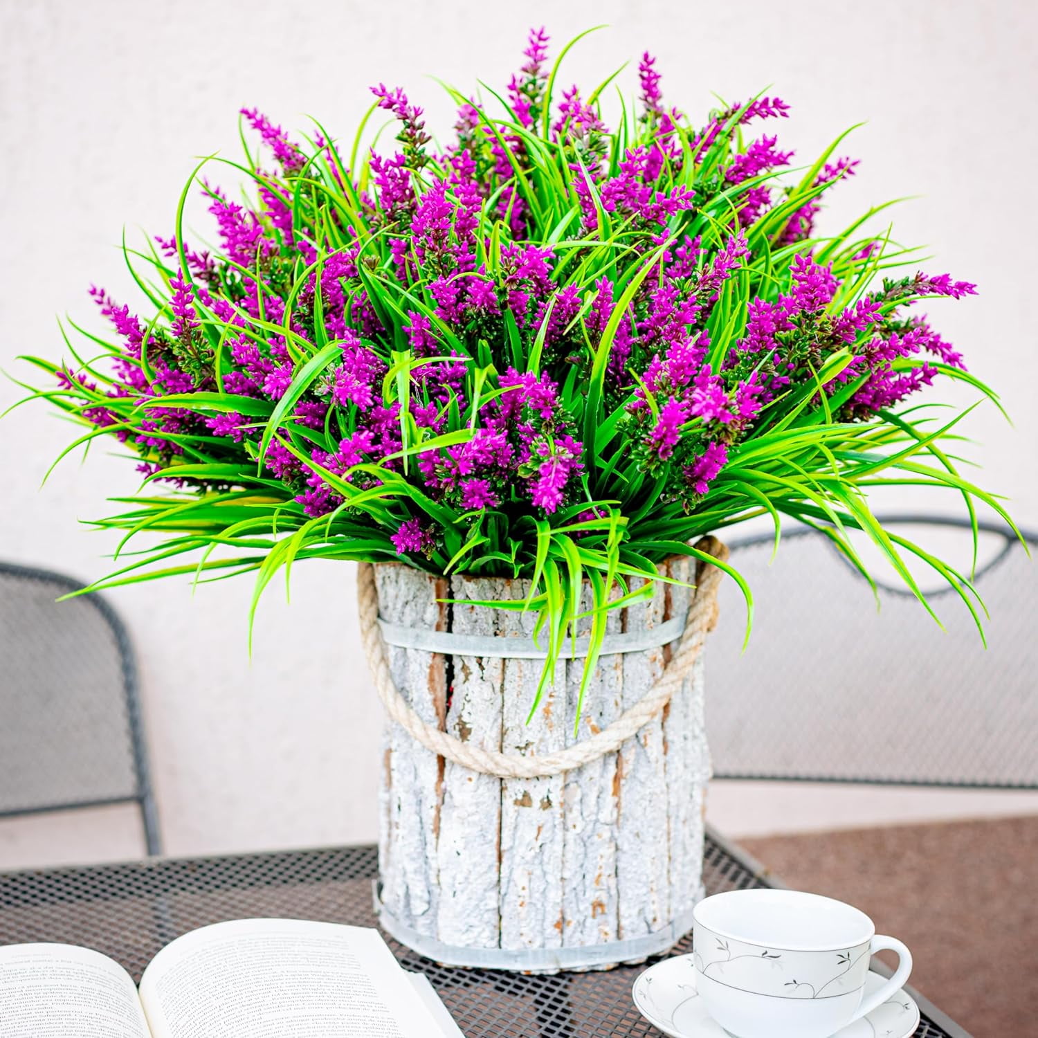 4PCS Artificial Flowers for Outdoors, Fake Lavender with Grass UV Resistant Plastic Faux Autumn Plants for Garden Thanksgiving Home Decor (Magenta)