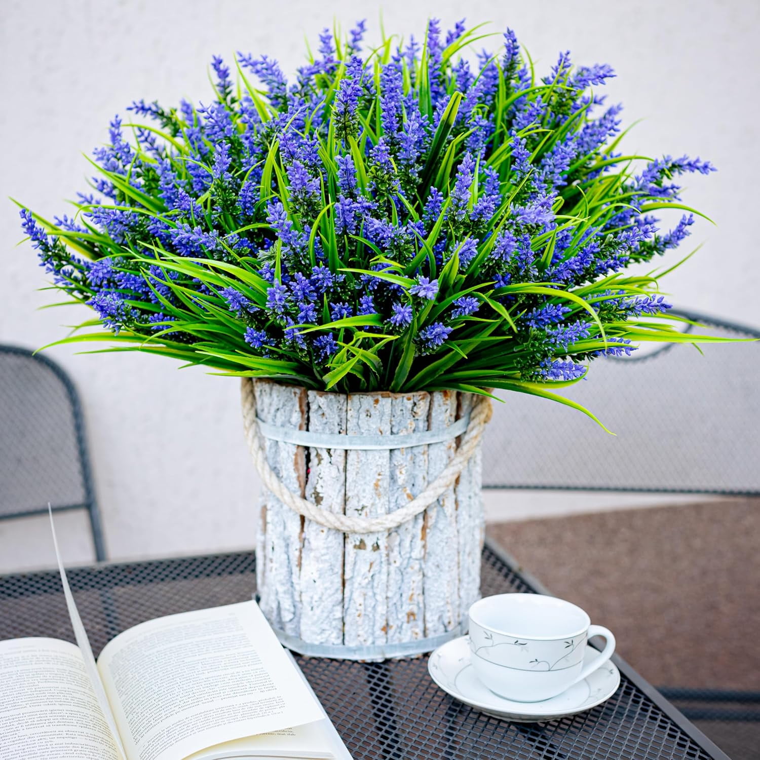 4PCS Artificial Flowers for Outdoors, Fake Lavender with Grass UV Resistant Plastic Faux Autumn Plants for Garden Thanksgiving Home Decor (Purple)