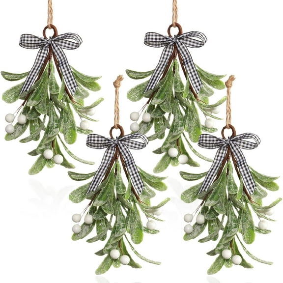4PCS Artificial Mistletoe Pick Buffalo Plaid Bow White Berries Mistletoe Kissing Ball Christmas Mistletoe Hanging Ornament Christmas Tree Ornaments for Christmas Party Tree Decorations