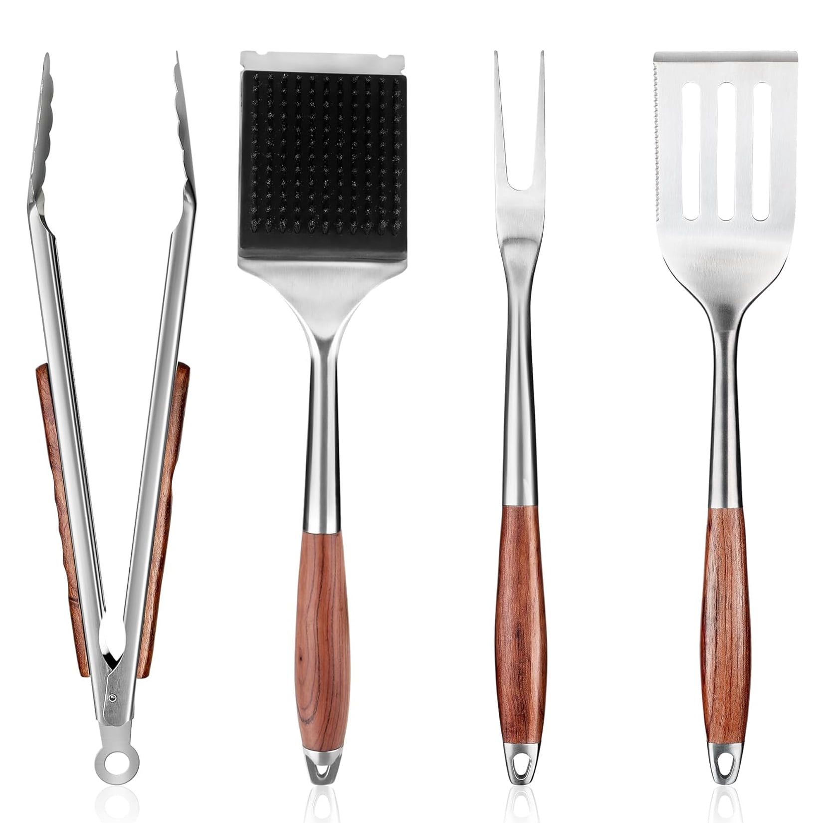 4PCS BBQ Grill Tools Set Stainless Steel Heavy Duty Grilling Accessories Kit with Spatula Tongs Fork Grill Brush Wooden Handle for Outdoor Camping Backyard Barbecue Cooking