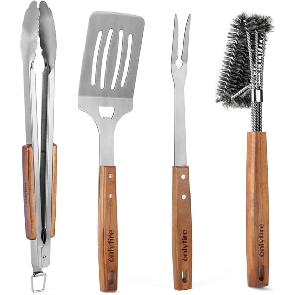 4PCS BBQ Tools, Stainless Steel Griddle Accessories for Outdoor Cooking Camping, Grilling Utensil Set Including Grill BBQ Spatulas, Barbecue Tong, Grill Fork and BBQ Brush