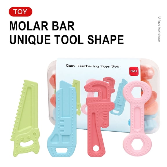 4PCS Baby Teething Toy Set for 0-12 Months, BPA Free Silicone Baby Molar Teether Chew Toys, Hammer Wrench Spanner Pliers Shape Baby Boy Toys,Birthday Gift for Grandkids