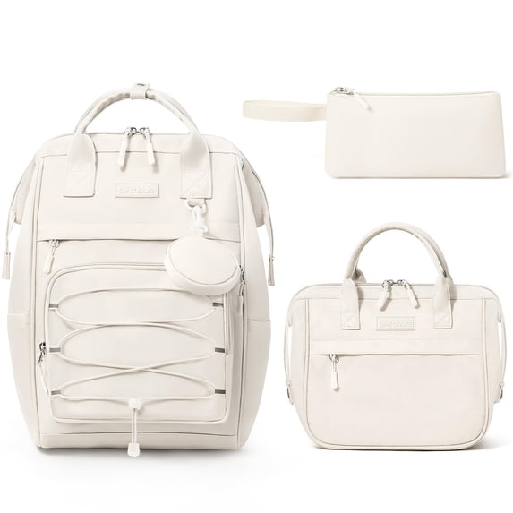 4PCS Backpack with Lunch Box, Pencil Case & Earphone Bag, Waterproof Casual Daypack for Travel, Beige