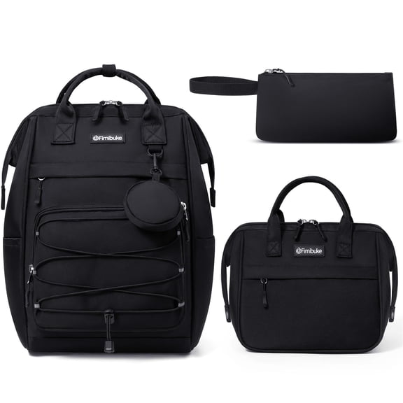 4PCS Backpack with Lunch Box, Pencil Case & Earphone Bag, Waterproof Casual Daypack for Travel, Black
