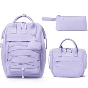 4PCS Backpack with Lunch Box, Pencil Case & Earphone Bag, Waterproof Casual Daypack for Travel, Purple