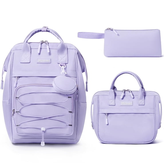 4PCS Backpack with Lunch Box, Pencil Case & Earphone Bag, Waterproof Casual Daypack for Travel, Purple