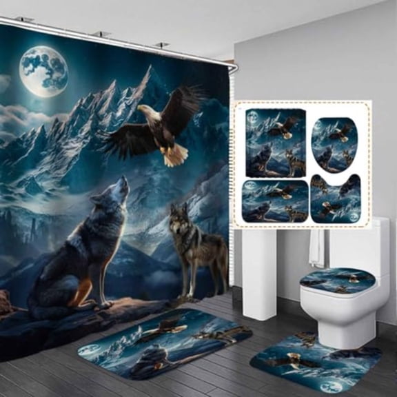 4PCS Bald Eagle Wolf Shower Curtain Set Waterproof Fabric Shower Curtain Non-Slip Bath Mat Bathroom Rugs Full Moon Forest Mountain Wildlife Wild Animal Man Cave Teen Boys Men Bathroom Decor