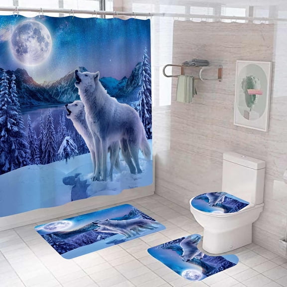 4PCS Bald Eagle Wolf Shower Curtain Set, Waterproof Fabric Shower Curtain, Non-Slip Bath Mat Bathroom Rugs, Full Moon Forest Mountain Wildlife Wild Animal Man Cave Teen Boys Men Bathroom Decor