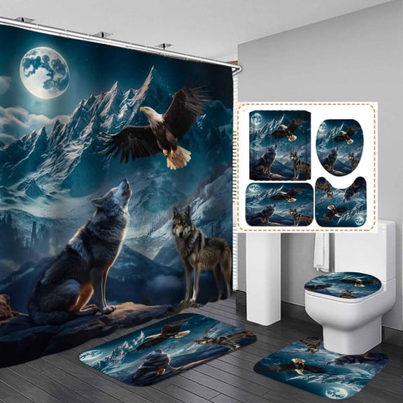 4PCS Bald Eagle Wolf Shower Curtain Set, Waterproof Fabric Shower Curtain, Non-Slip Bath Mat Bathroom Rugs, Full Moon Forest Mountain Wildlife Wild Animal Man Cave Teen Boys Men Bathroom Decor