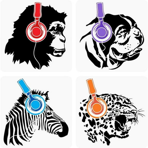 4PCS Banksy Animal Headphones Painting Stencils 11.8x11.8 inch Reusable Monkey Dog Drawing Templates Hollowed Leopard Zebra Stencils for Painting Animal Theme Templates for DIY Crafts