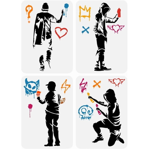 4PCS Banksy Man with Doodle in Hat Painting Stencils - 8.3x11.7inch Reusable for Large Street Graffiti Art Templates White DIY