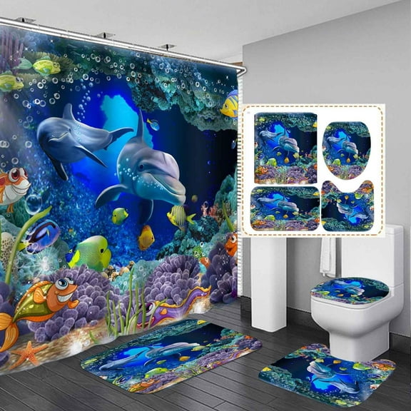 4PCS Beach Ocean Shower Curtain Set, Waterproof Fabric Shower Curtain, Non-Slip Bath Mat Bathroom Rugs, Underwater Dolphin Tropical Fish Starfish Marine Seagull Coastal Nautical Bathroom Decor