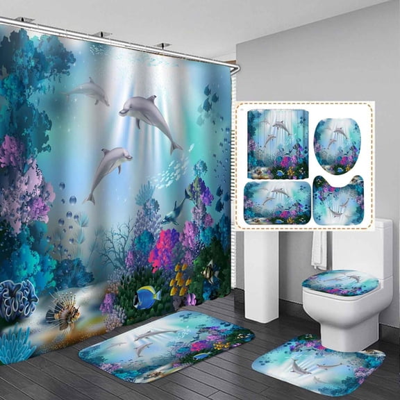 4PCS Beach Ocean Shower Curtain Set, Waterproof Fabric Shower Curtain, Non-Slip Bath Mat Bathroom Rugs, Underwater Dolphin Tropical Fish Starfish Marine Seagull Coastal Nautical Bathroom Decor