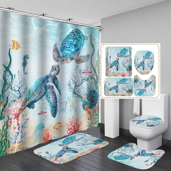 4PCS Beach Ocean Shower Curtain Sets with Rugs, Waterproof Fabric Shower Curtain, Vintage Barn Door Sea Wave Summer Sunset Nature Scenery Landscape Coastal Hawaiian Seaside Bathroom Decor