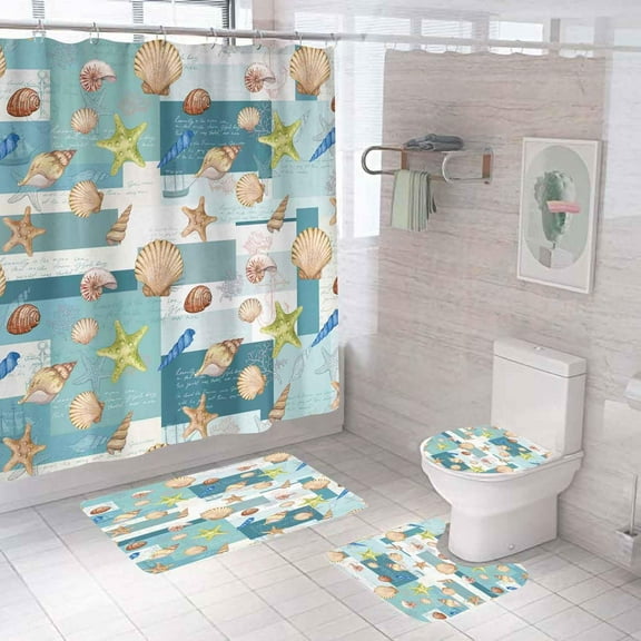 4PCS Beach Shower Curtain Sets With Rugs, Waterproof Fabric Teal Shower Curtain, Rustic Farmhouse Summer Sea Ocean Starfish Seashell Conch Coral Sailboat Anchor Coastal Nautical Bathroom Decor