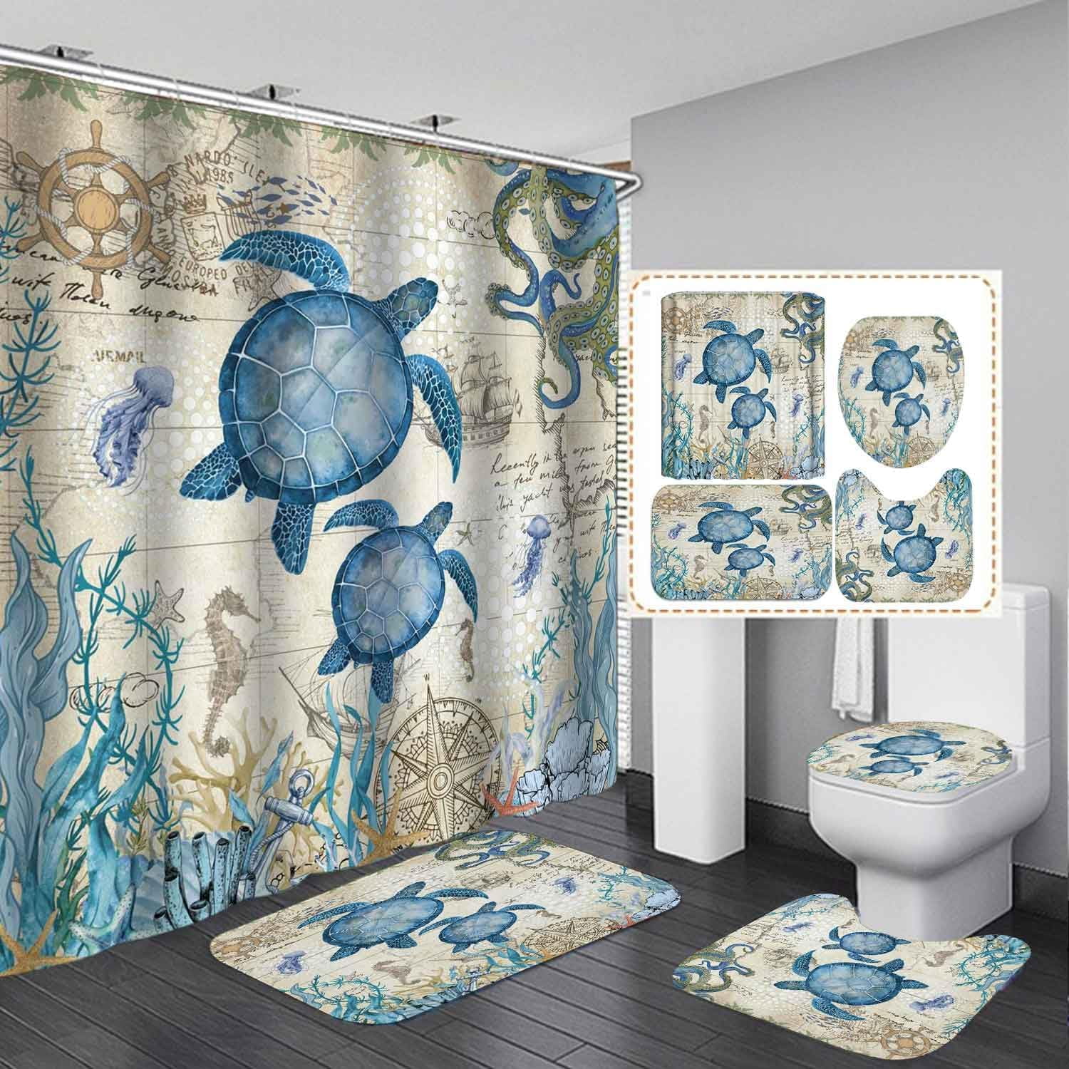 4PCS Beach Shower Curtain Sets With Rugs, Waterproof Fabric Teal Shower