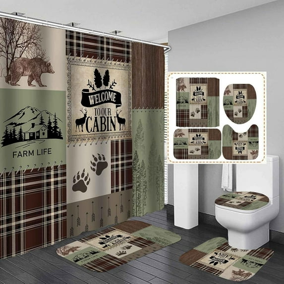 4PCS Bear Shower Curtain Set, Patchwork Brown Plaid Woodland Animals Hunting Lodge Cabin Country Rustic Farmhouse Bathroom Decor, Waterproof Fabric Shower Curtain, Non-Slip Bath Mat