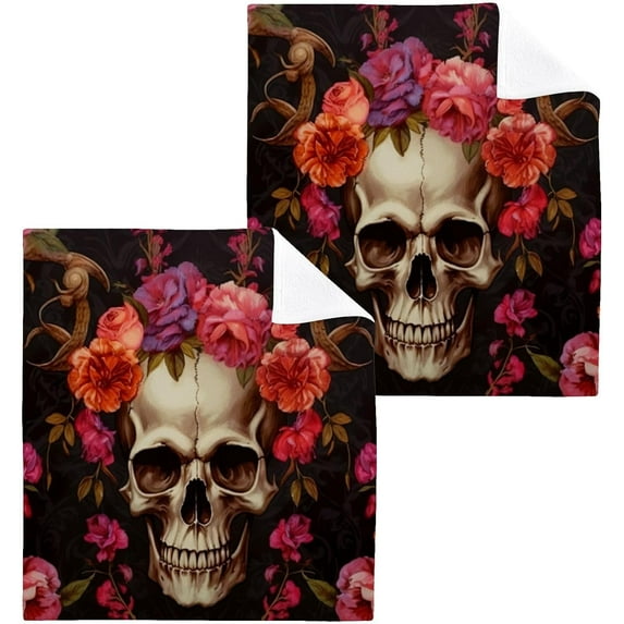 4PCS Beautiful Flowers and Skull Towels Cotton Washcloths Set,Quick Drying & Absorbent Soft Bathroom Hand Towel Lightweight & Portable Fingertip Towel Decor Gift