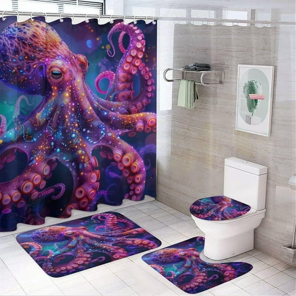 4PCS Beautiful Octopus Shower Curtain Set,Colorful Funny Animals Bathroom Decor Sets with Rugs Bathroom Accessories Set Bathroom Curtain Shower Set with 12 Hooks