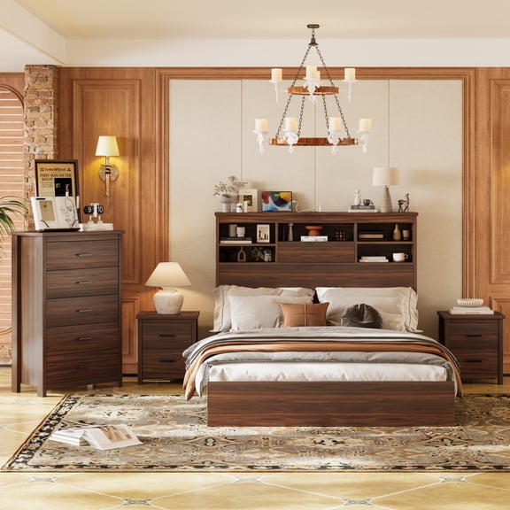 4PCS Bedroom Sets, Wooden Queen Size Bed Frame with Storage Headboard and Charging Station, 2 Nightstands with 2 Drawers, 1 Dresser with 5 Drawers, Walnut