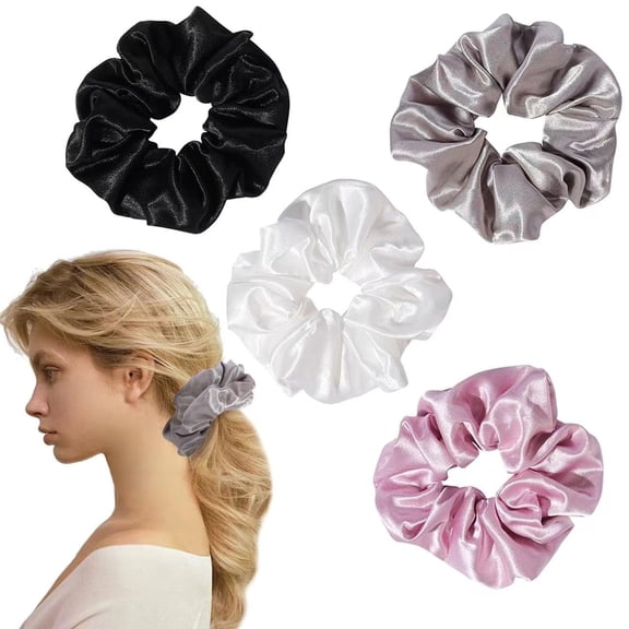 4PCS Big Satin Silk Scrunchies for Women - 6.3 Inches Extra Large Hair Ties, Oversized Thick Elastic Ponytail Holders, Gentle on Hair, Gift Box (Black, White, Pink, Silvergray)