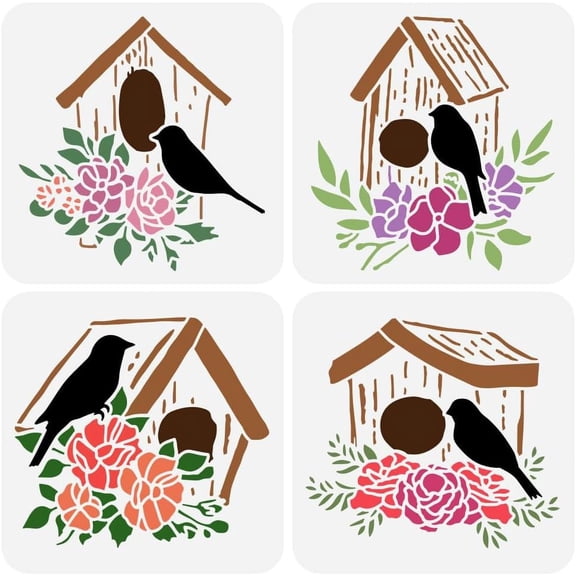 4PCS Birdhouse Stencil for Painting 7.87x7.87inch Bird's House Painting Stencil Bird's Nest Drawing Stencil Spring Theme Craft Stencil DIY