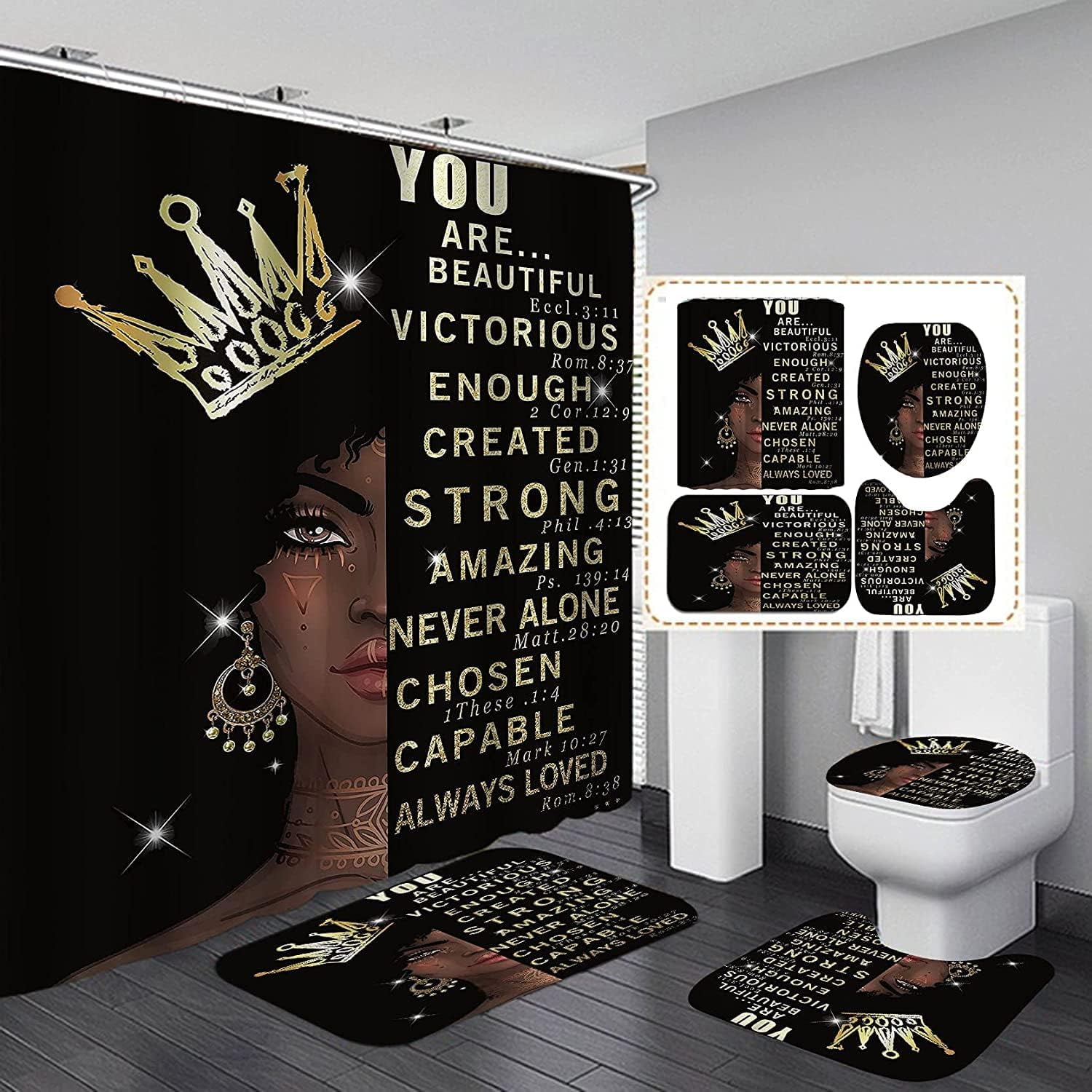4PCS Black African King Queen Shower Curtain Sets with Rugs,Black