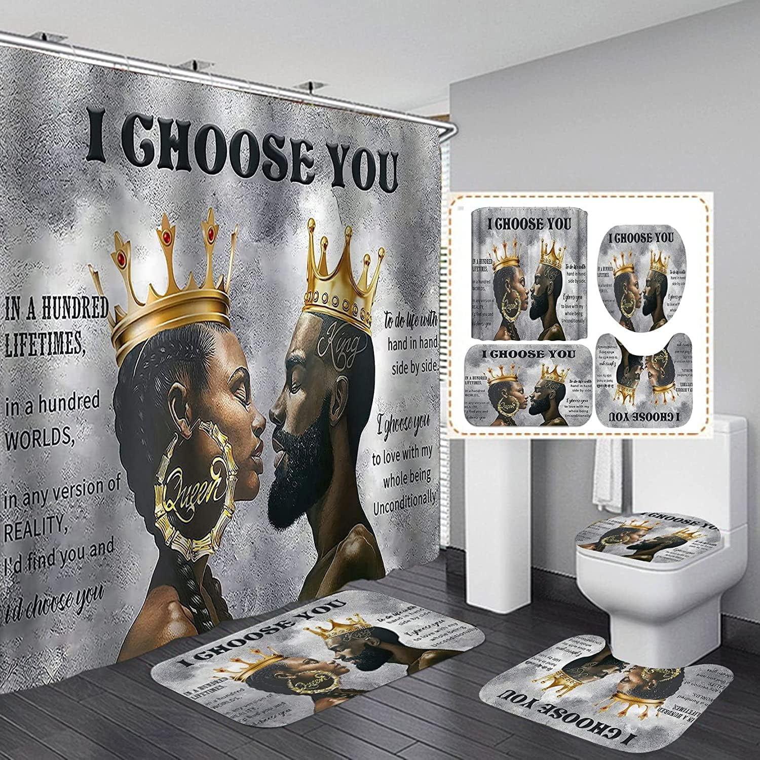 4PCS Black African King Queen Shower Curtain Sets with Rugs,Black Couple Bathroom Sets with Shower Curtain,Bath Mat and Toilet Lid Cover,We are a Team Shower Curtains for Bathroom Decor