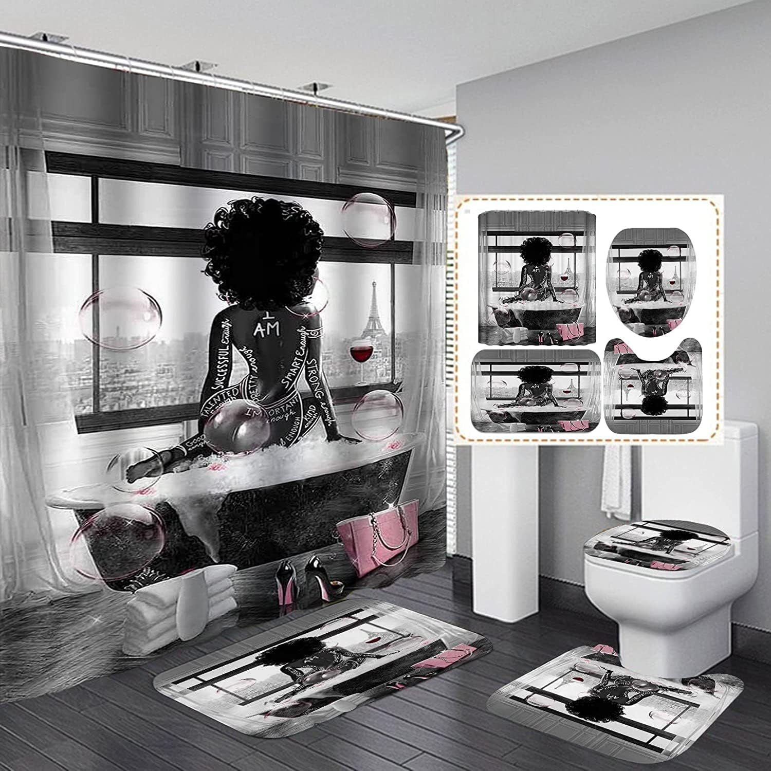 4PCS Black African King Queen Shower Curtain Sets with Rugs,Black Couple Bathroom Sets with Shower Curtain,Bath Mat and Toilet Lid Cover,We are a Team Shower Curtains for Bathroom Decor