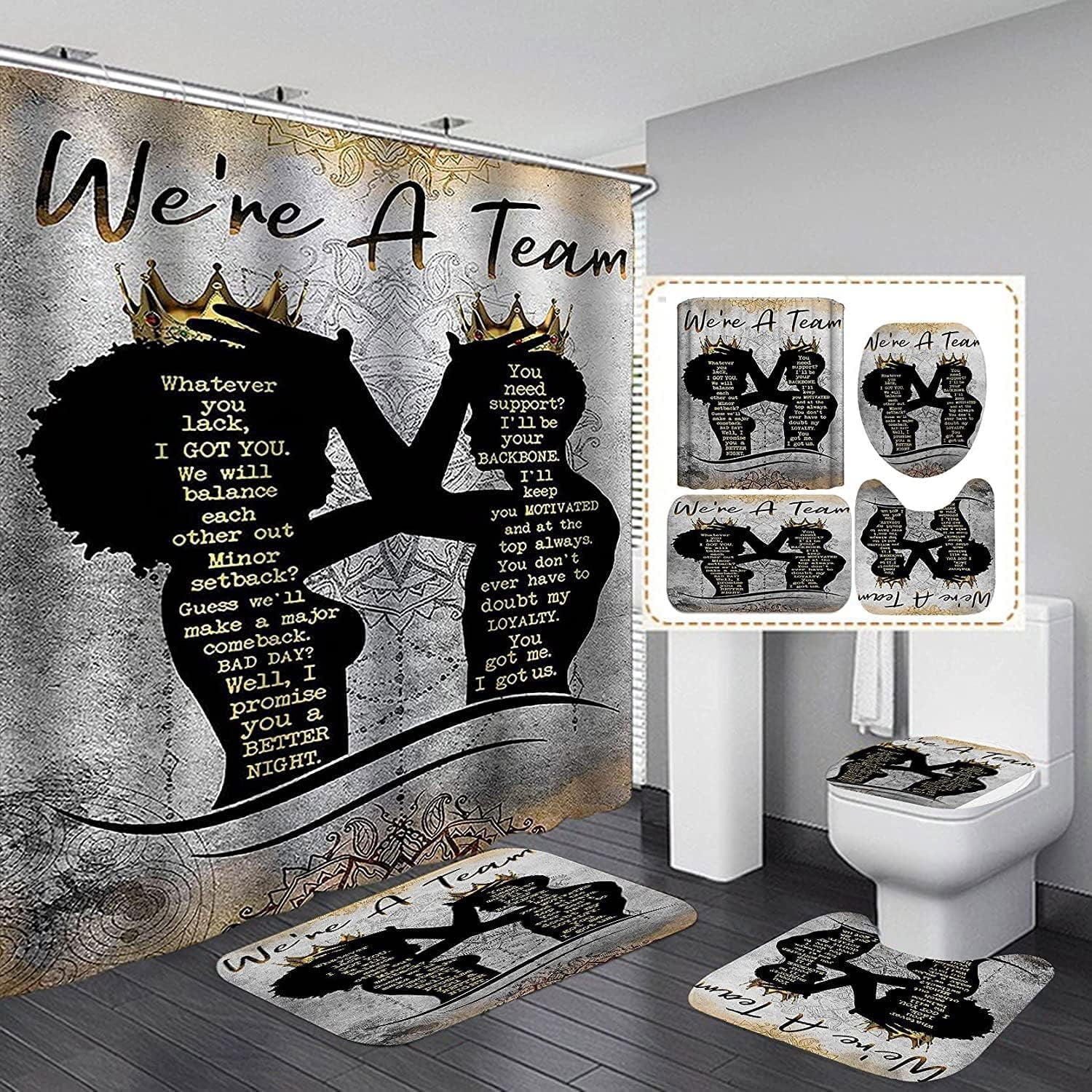 4PCS Black African King Queen Shower Curtain Sets with Rugs,Black Couple Bathroom Sets with Shower Curtain,Bath Mat and Toilet Lid Cover,We are a Team Shower Curtains for Bathroom Decor