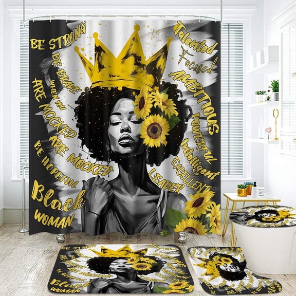 4PCS Black African King Shower Curtain Sets with Rugs, Powerful Black Man Bathroom Sets with Shower Curtains, Hooks,Bath Mat and Toilet Lid Cover, Waterproof Fabric Black King Man Shower Curtain Set