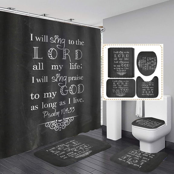 4PCS Black Bathroom Decor Inspirational Quotes Shower Curtain Set with Rugs Funny Bath Shower Curtain for Adults/Men Bible Verse/Scripture Shower Curtain for Bathroom Waterproof Fabric Bath Curtain