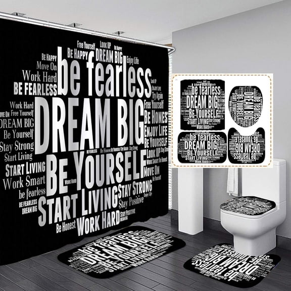 4PCS Black Bathroom Decor Inspirational Quotes Shower Curtain Set with Rugs Funny Bath Shower Curtain for Adults/Men Bible Verse/Scripture Shower Curtain for Bathroom Waterproof Fabric Bath Curtain