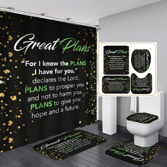 4PCS Black Bathroom Decor Inspirational Quotes Shower Curtain Set with Rugs Funny Bath Shower Curtain for Adults/Men Bible Verse/Scripture Shower Curtain for Bathroom Waterproof Fabric Bath Curtain