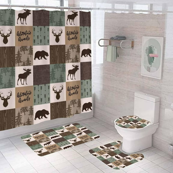 4PCS Black Bear Deer Shower Curtain Sets With Rugs, Vintage Brown Green Patchwork Forest Woodland Wildlife Wild Animal Moose Cabin Lodge Camping Hunting Country Rustic Farmhouse Bathroom Decor