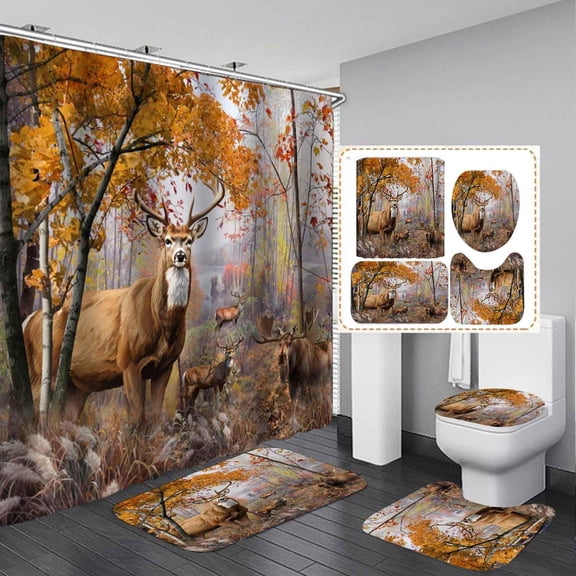 4PCS Rustic Deer Shower Curtain Sets with Rugs, Waterproof Fabric Colorful Shower Curtain, Forest Woodland Wildlife Wild Animal Elk Moose Eagle Bird Country Cabin Lodge Hunting Bathroom Decor