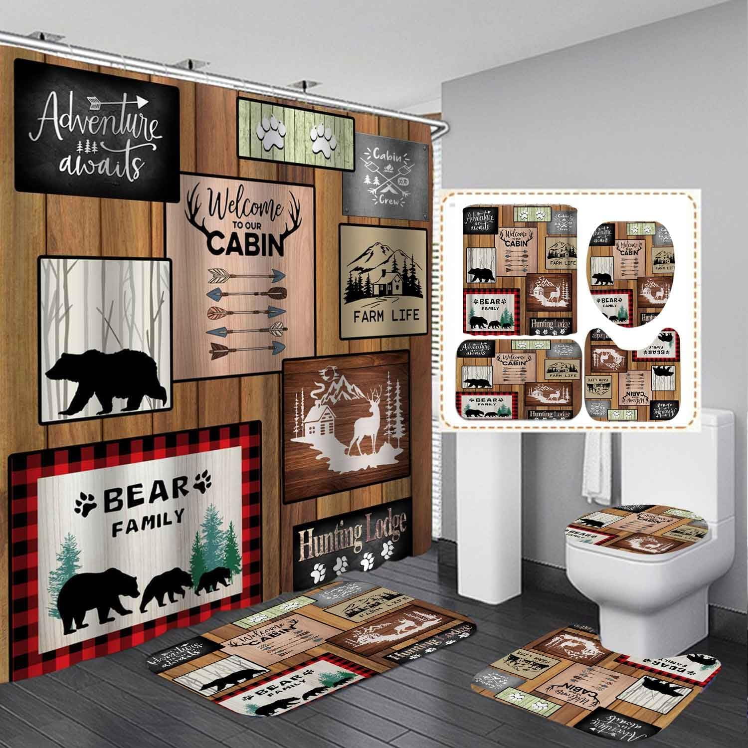 4PCS Black Bear Deer Shower Curtain Sets with Rugs, Waterproof Fabric