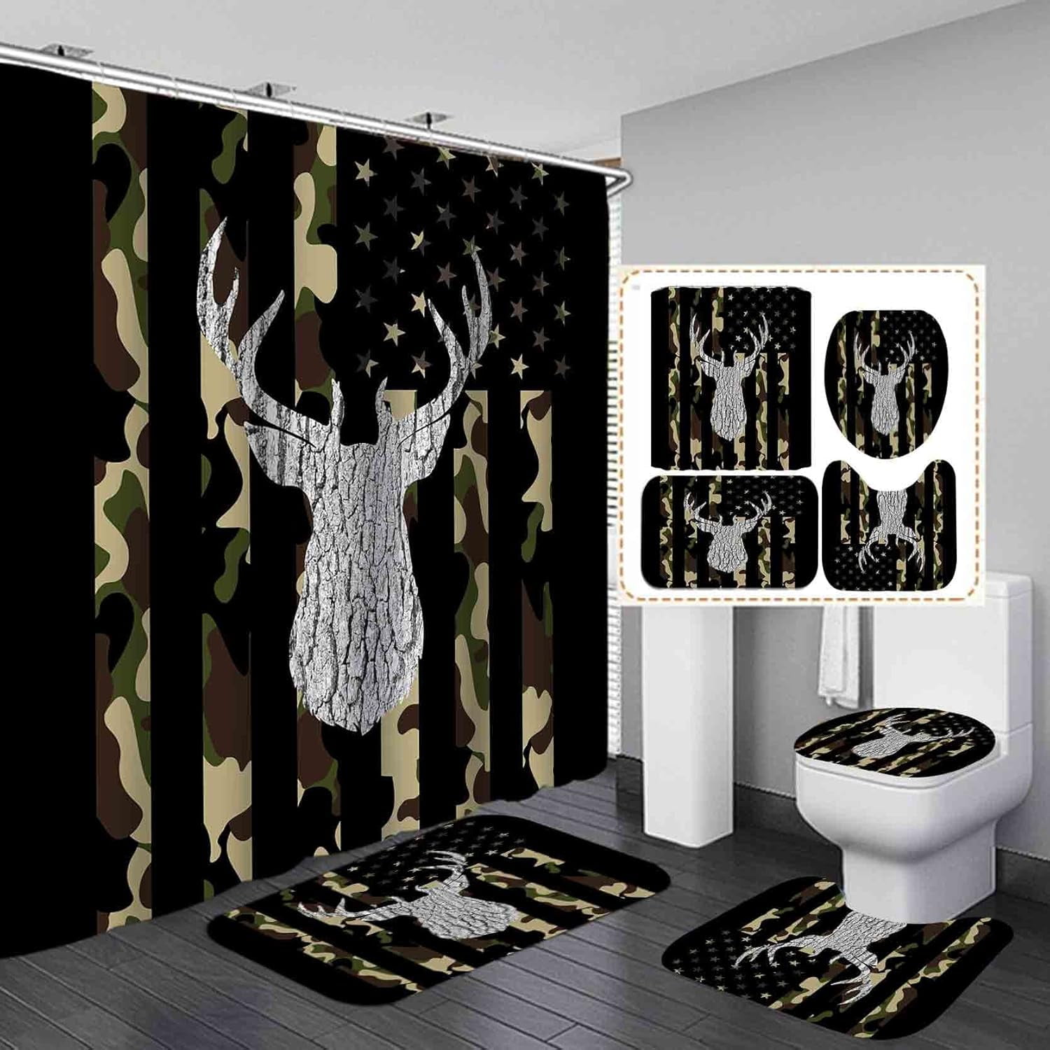 Pcs Black Bear Deer Shower Curtain Sets With Rugs Waterproof Fabric