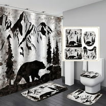 4PCS Black Bear Shower Curtain Set, Mountain Pine Tree Forest Woodland Wildlife Animal Hunting Vintage Country Cabin Lodge Rustic Farmhouse Bathroom Decor, Non-slip Bath Mat Toilet Rugs, Black
