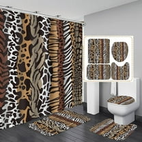 4PCS Black Brown Leopard Shower Curtain Sets with Rugs, Waterproof Fabric Shower Curtain, Patchwork Plaid Cheetah Giraffe Zebra Print Safari Wildlife African Animal Skin Modern Bathroom Decor