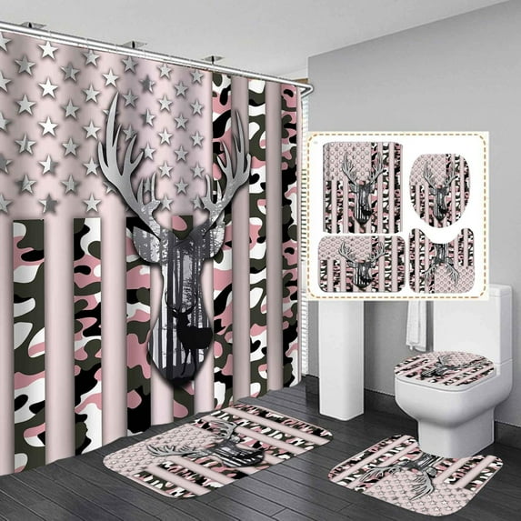 4PCS Black Deer Shower Curtain Set, Elk Moose Pine Tree Woodland Animal Hunting Lodge Cabin Country Rustic Farmhouse Bathroom Decor, Waterproof Fabric Shower Curtain, Non-slip Bath Mat