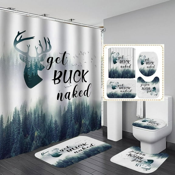 4PCS Black Deer Shower Curtain Set, Elk Moose Pine Tree Woodland Animal Hunting Lodge Cabin Country Rustic Farmhouse Bathroom Decor, Waterproof Fabric Shower Curtain, Non-slip Bath Mat