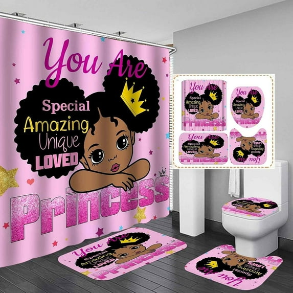 Black Girl Shower Curtain Set 4-Piece Waterproof Polyester 72x72 Inch, Butterfly & Girl Silhouette Design with Non-Slip Bath Mat, Inspirational Bathroom Decor Includes 12 Hooks