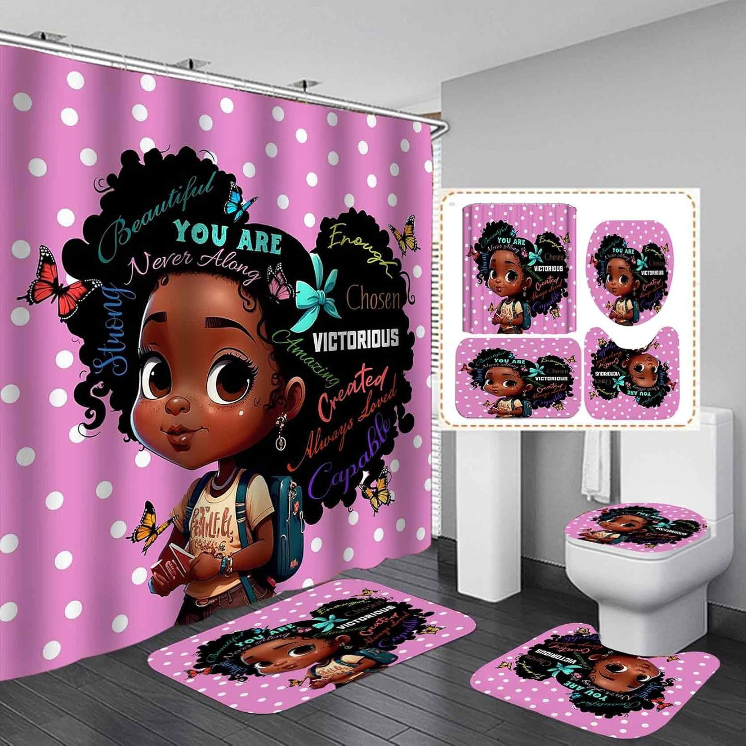 4PCS Black Girl Magic Shower Curtain Set, Cute Princess African American Girl Pink Bathroom Decor for Girls Kids Teens, Inspirational Gifts for Women, Non-Slip Bath Mats Toilet Rugs